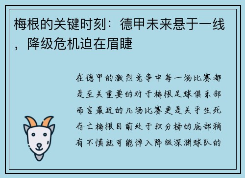 梅根的关键时刻：德甲未来悬于一线，降级危机迫在眉睫